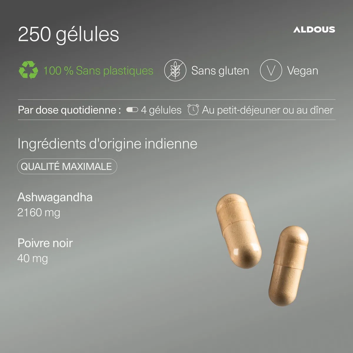 Ashwagandha Bio 2160mg - 250 Gélules Végétales - Racine d'Ashwagandha Bio avec Poivre Noir - Withania Somnifera - Bien-être, Anti Stress, Énergie, Sommeil - Sans Additifs - Certifié Biologique -ALDOUS