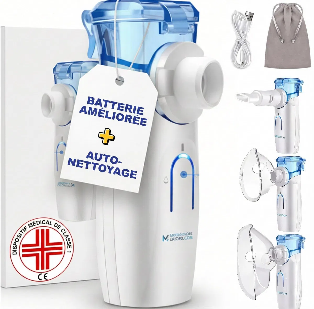 Medicinadellavoro.com - Nebulisateur Portable Silencieux Bebe et Adulte, Inhalateur Rhume Vapeur avec USB-C, Batterie Rechargeable et 2 Masques, Aerosol Medical Adultes Enfants Asthme et Bronchite