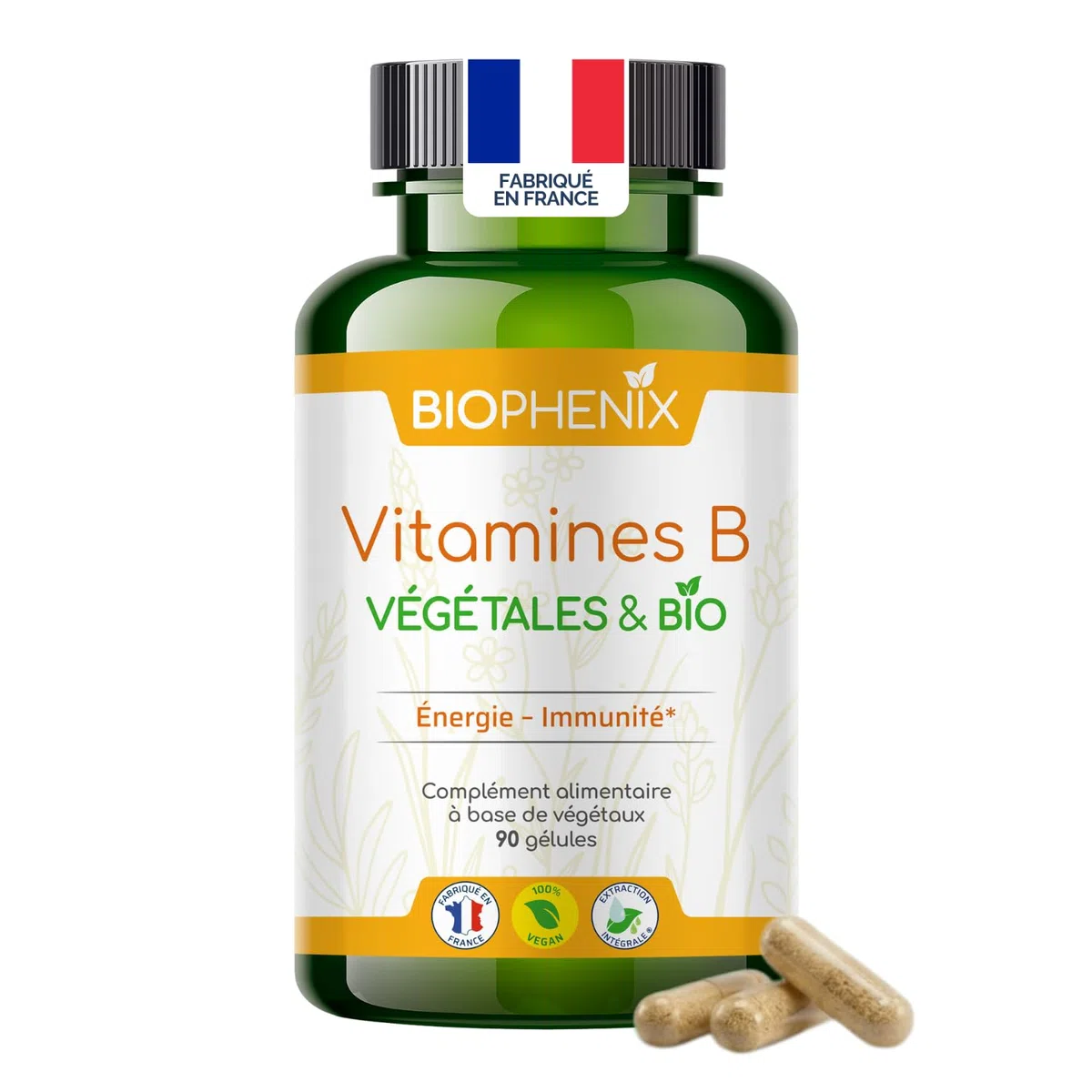Biophénix - Vitamines B Bio 90 Gélules - 100% Naturel à Base de Végétaux - Énergie, Vitalité & Système Nerveux - Vitamines B1, B2, B3, B5, B6, B8, B9 et B12 - Fabriqué en France - Vegan