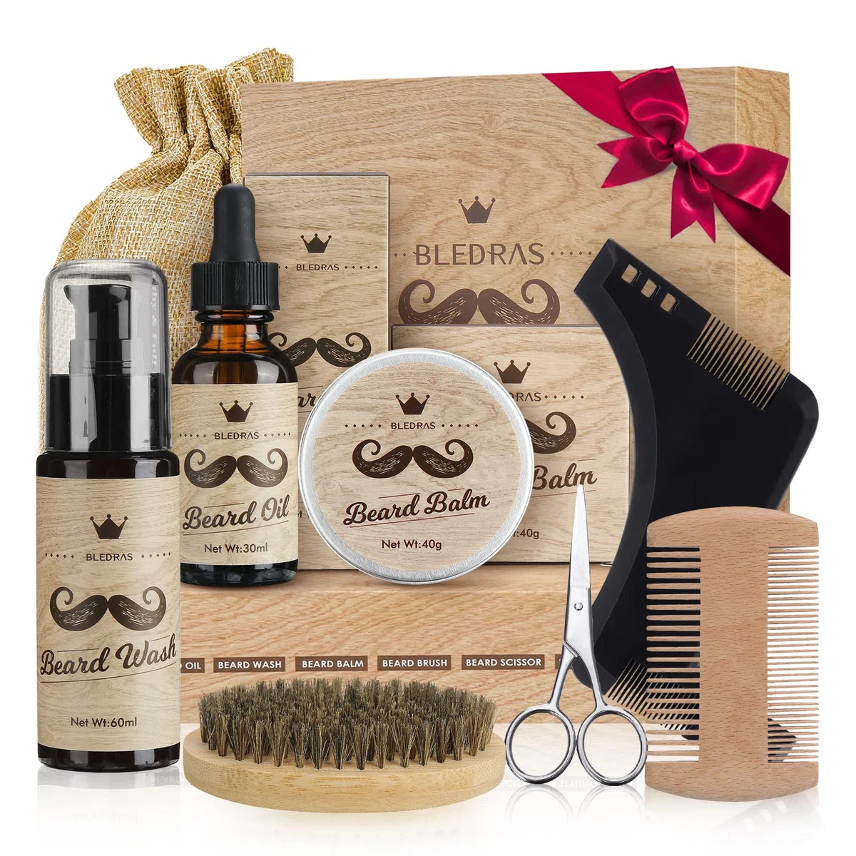 Kit Barbe Homme 9pcs - Bledras Kit de Soin Barbe Homme Complet-Soins Entretien Barbe -Huile Barbe, Shampoing, Baume, Peigne, Ciseaux, Pochoir,Brosse,Sac - Coffret Cadeaux Noël Hommes Original