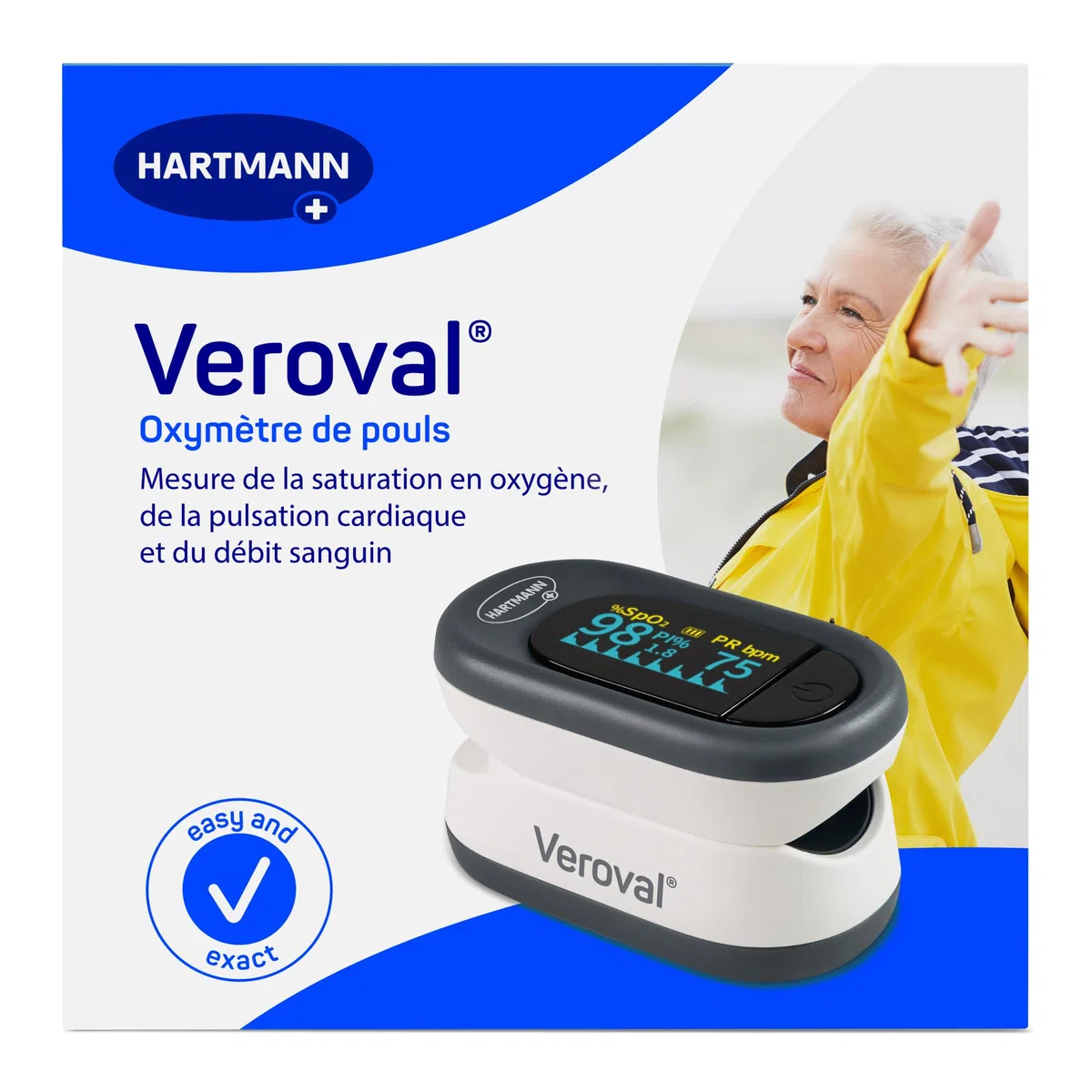 Veroval Oxymètre de Pouls - Mesure de la Saturation en Oxygène, de la Fréquence Cardiaque et du Débit Sanguin au Niveau du Doigt - Ecran OLED Premium - 1 Pièce