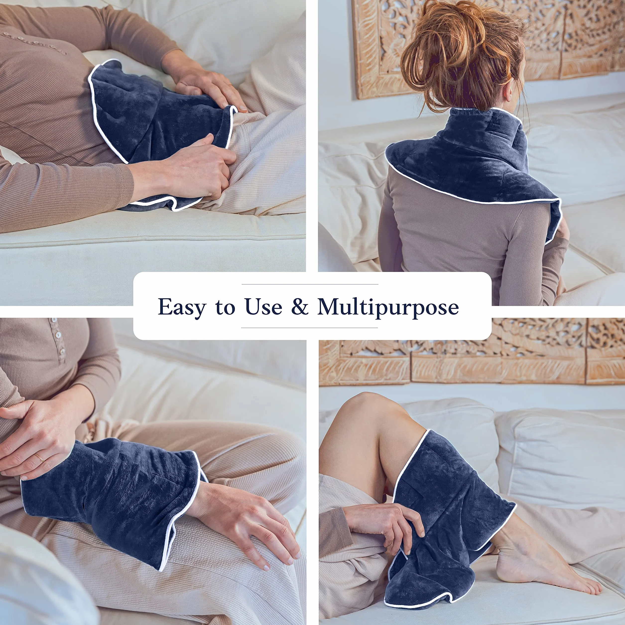 Qomfor - Coussin chauffant pour micro-ondes - Bleu foncé, parfum lavande - Couvre-nuque/épaules lesté de 1,5 kg - Thérapie par le chaud/le froid, soulagement de la douleur