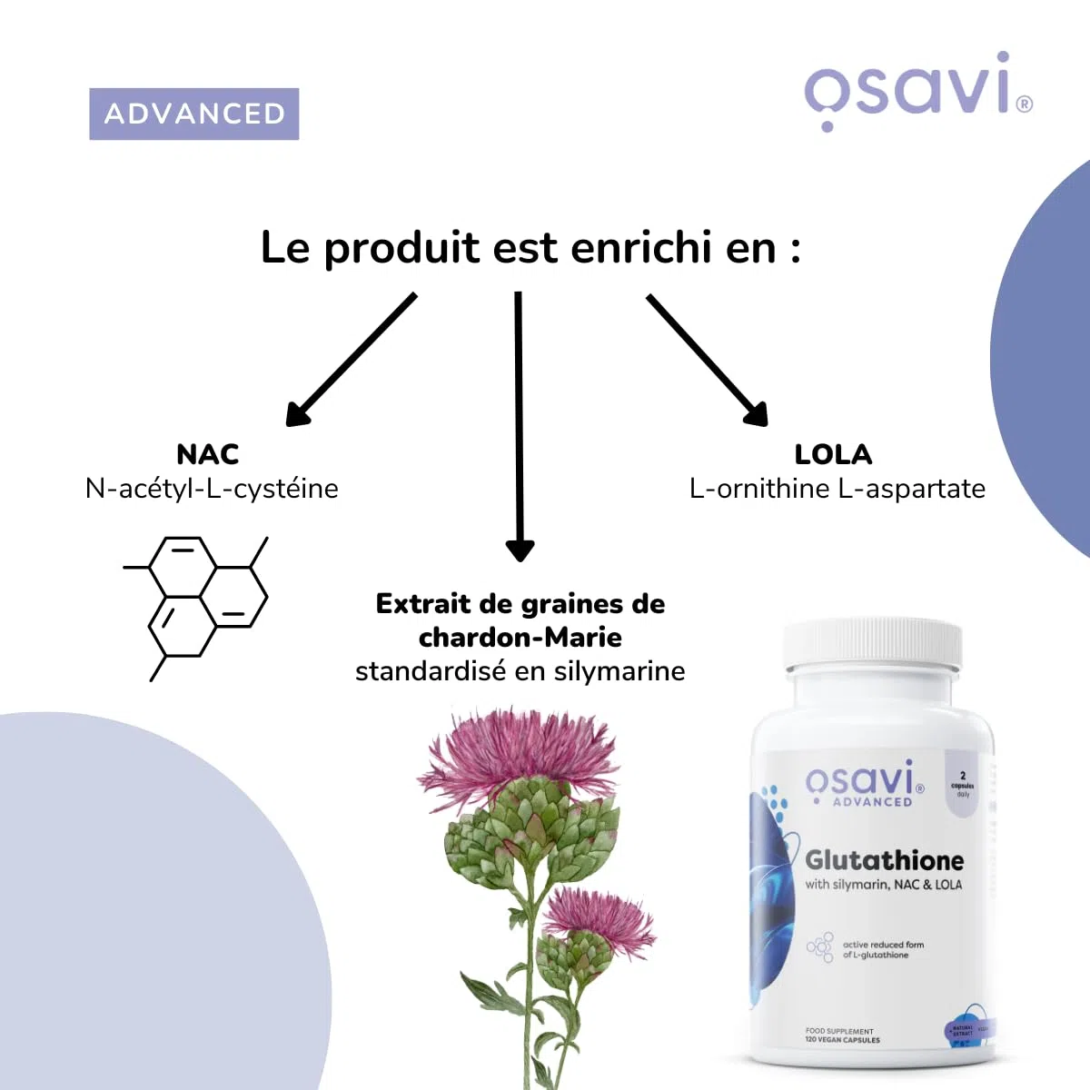 Osavi Glutathion avec NAC, Silymarine & LOLA – 60 Gélules Véganes | L-glutathion réduit (GSH) | Extrait de chardon-marie 80% silymarine | Soutient le foie