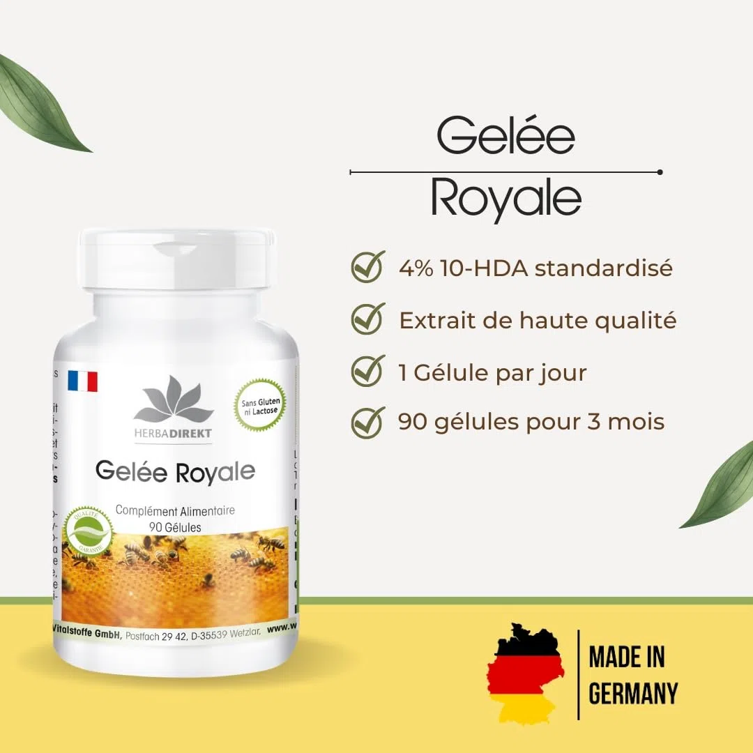 Gelée Royale 2000 mg - Extrait 4:1 500 mg - 90 gélules | Herba Direkt - Qualité des pharmacies allemandes