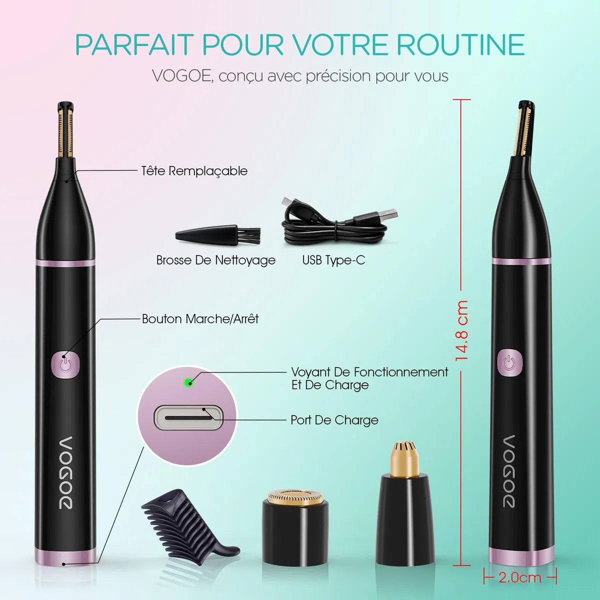 VOGOE Épilateur Visage Femme 3-en-1, Tondeuse à Sourcils Électrique Indolore, Rechargeable et Étanche avec Peigne, pour Sourcils, Lèvre Supérieure, Menton et Joues (Noir)