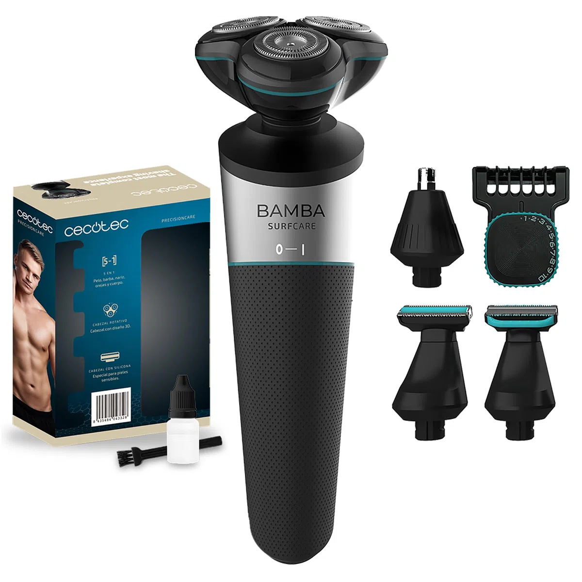 Cecotec Rasoir Multigrooming 5 en 1 PrecisionCare Multigrooming 5in1. Batterie au Lithium, Autonomie 60 min, Lames en Acier Inoxydable, Tête Rotative avec 3 Lames, Étanche IPX5