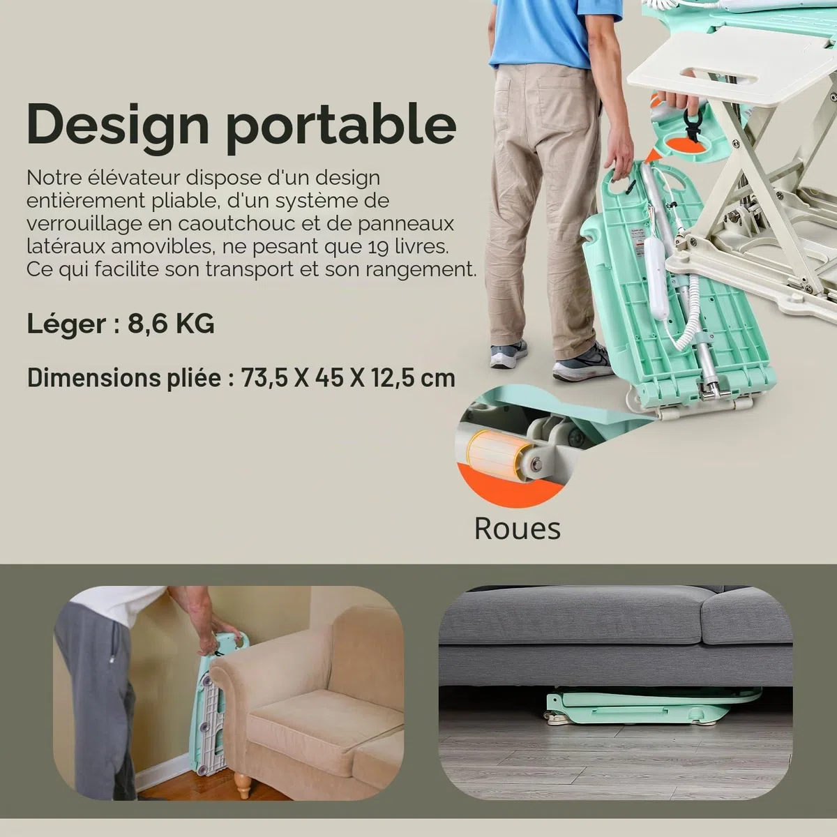 SuperHandy GoRise LT Élévateur Bain et Sol, Charge 150 kg, Pliable, IP68 | seulement 8,6 kg, étanche et pliable; siège ergonomique avec panneaux amovibles pour bain et transfert au sol；Breveté
