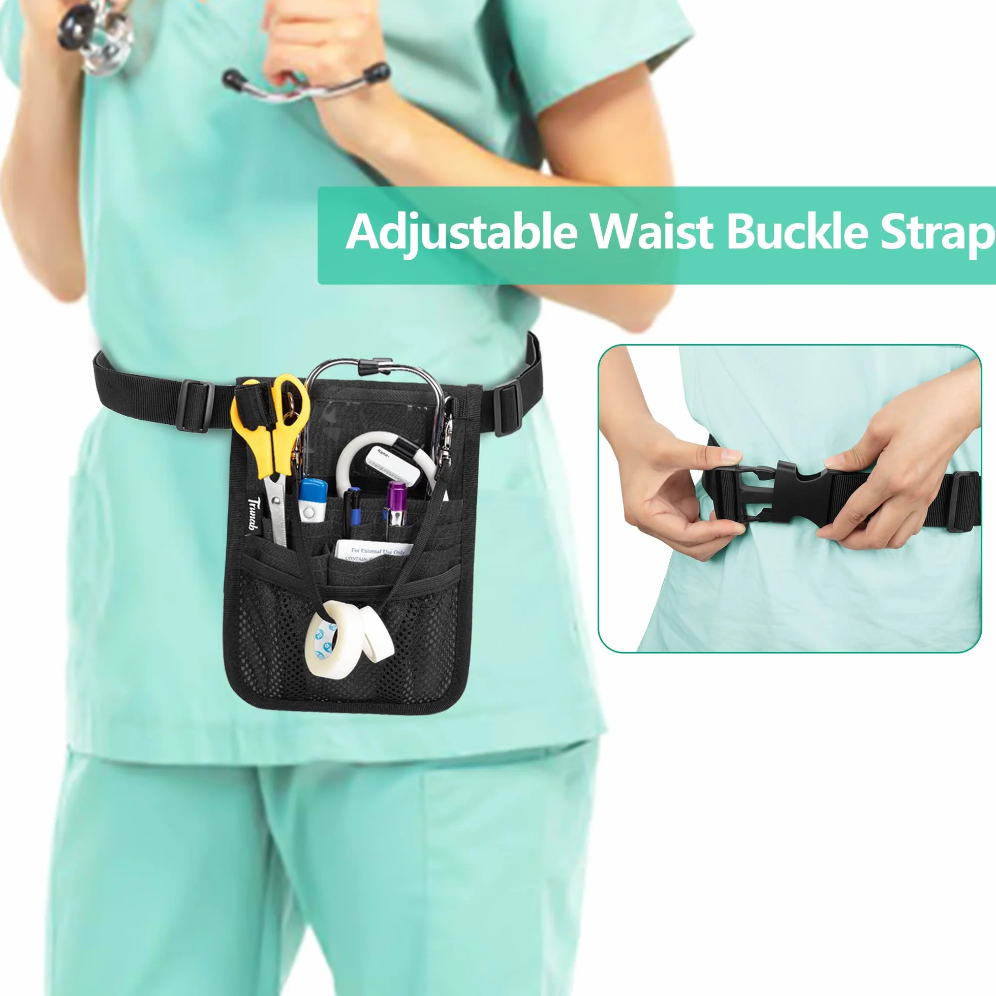 Trunab Sac Banane pour Infirmière avec Porte-Ruban et Plusieurs Compartiments, Kit Infirmiere avec Sangle de Taille Réglable,Convient à Ciseaux, Gaze et Autres Fournitures Médicales, Noir