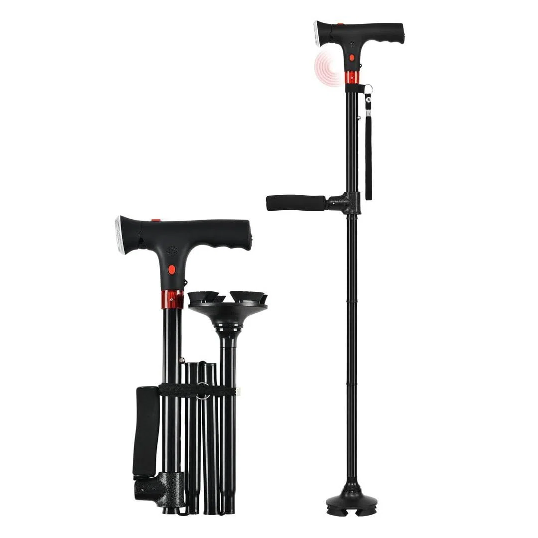Canne De Soutien Astuvita Canne de Marche Ergonomique avec LED et Alarme, Double Poignée & Base Autoportante, Aide à la Mobilité Senior, Pliable Réglable Légère