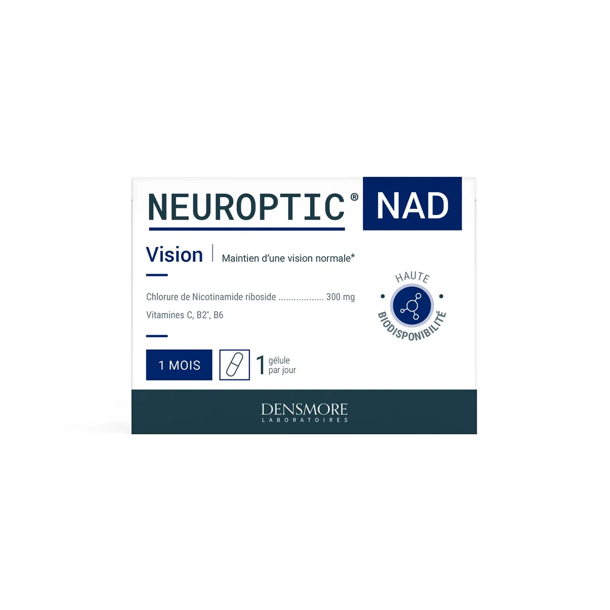 NEUROPTIC NAD - 300 mg Nicotinamide riboside - Rétablit le taux de NAD+ - Santé visuelle - Vitamines C, B2 et B6 - Complément alimentaire - 30 gélules - 1 mois
