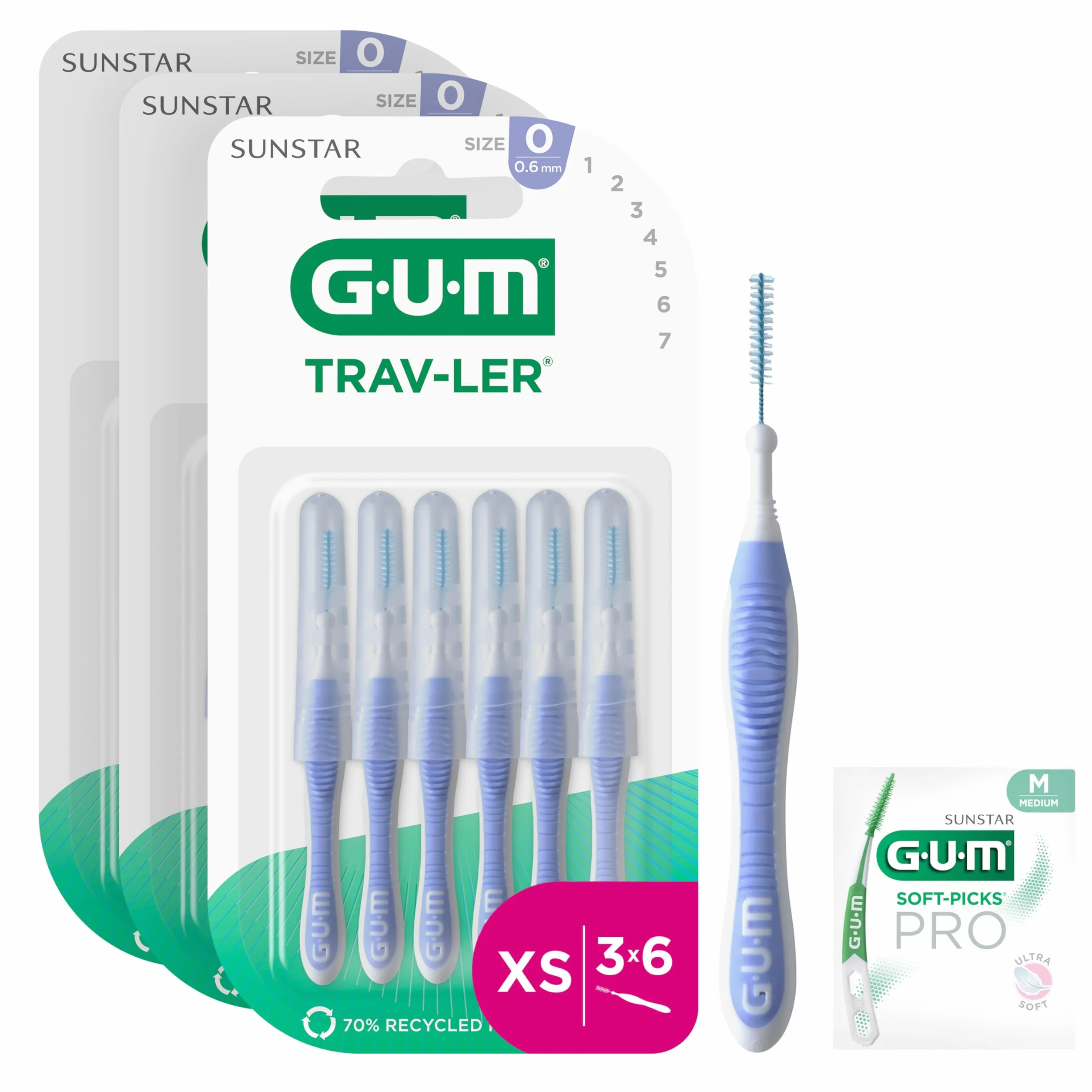 GUM TRAV-LER brossettes interdentaires | nettoyage en profondeur entre les dents | manche pliable | élimination de la plaque dentaire | 0.6mm, ISO 0 | Taille XS | Lot de 3x6 (+ 1 échantillon gratuit)