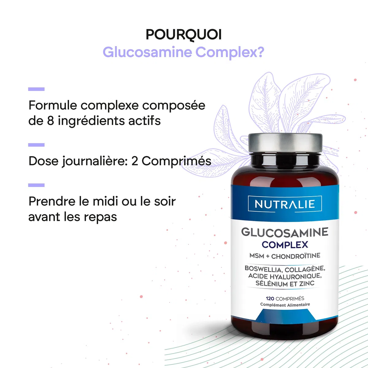Glucosamine Chondroïtine et MSM, Acide Hyaluronique, Collagène, Boswellia, Sélénium et Zinc - 120 comprimés Glucosamine Complex Nutralie