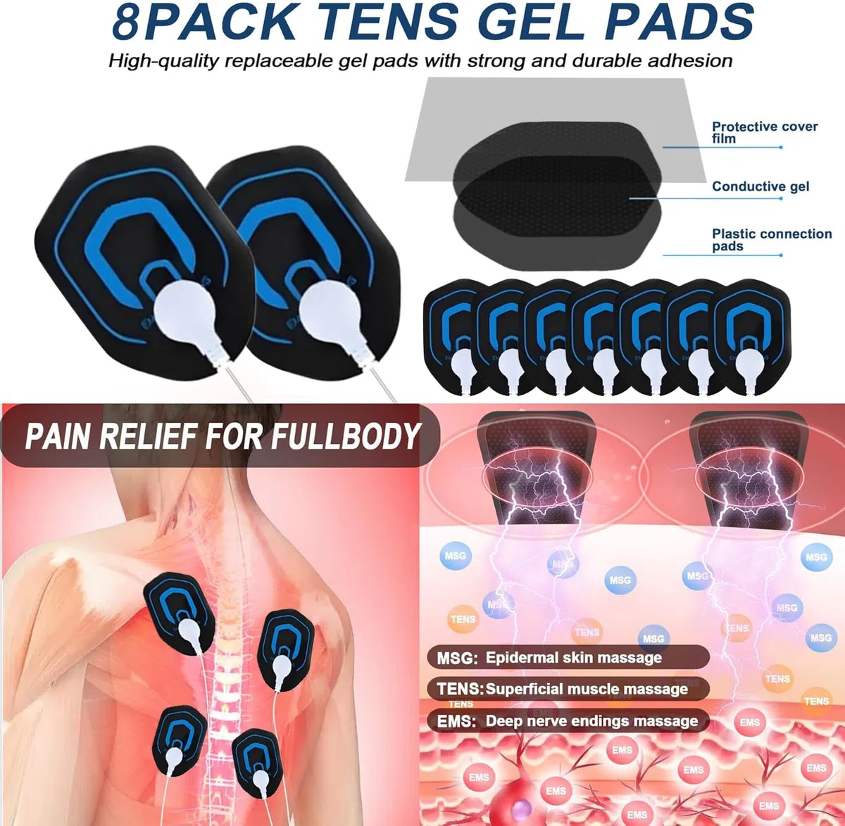 3 EN 1 TENS EMS Électrostimulateur Musculaire pour le soulagement de la douleur, la stimulation musculaire, avec 30 Intensités et 27 Modes, 2 Canaux Indépendant & 8 électrodes