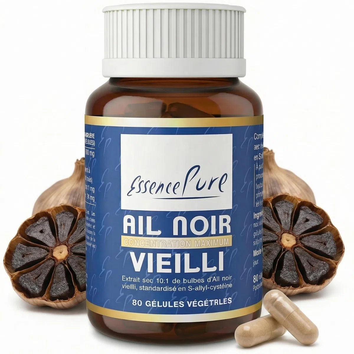 Ail Noir Fermenté 10x Concentré | Extrait d'Ail Noir Vieilli – Standardisé en S-allyl-cystéine | Cœur & Cholestérol | Sans Arrière-Goût | 80 Gélules Vegan | Essence Pure Api-Nature