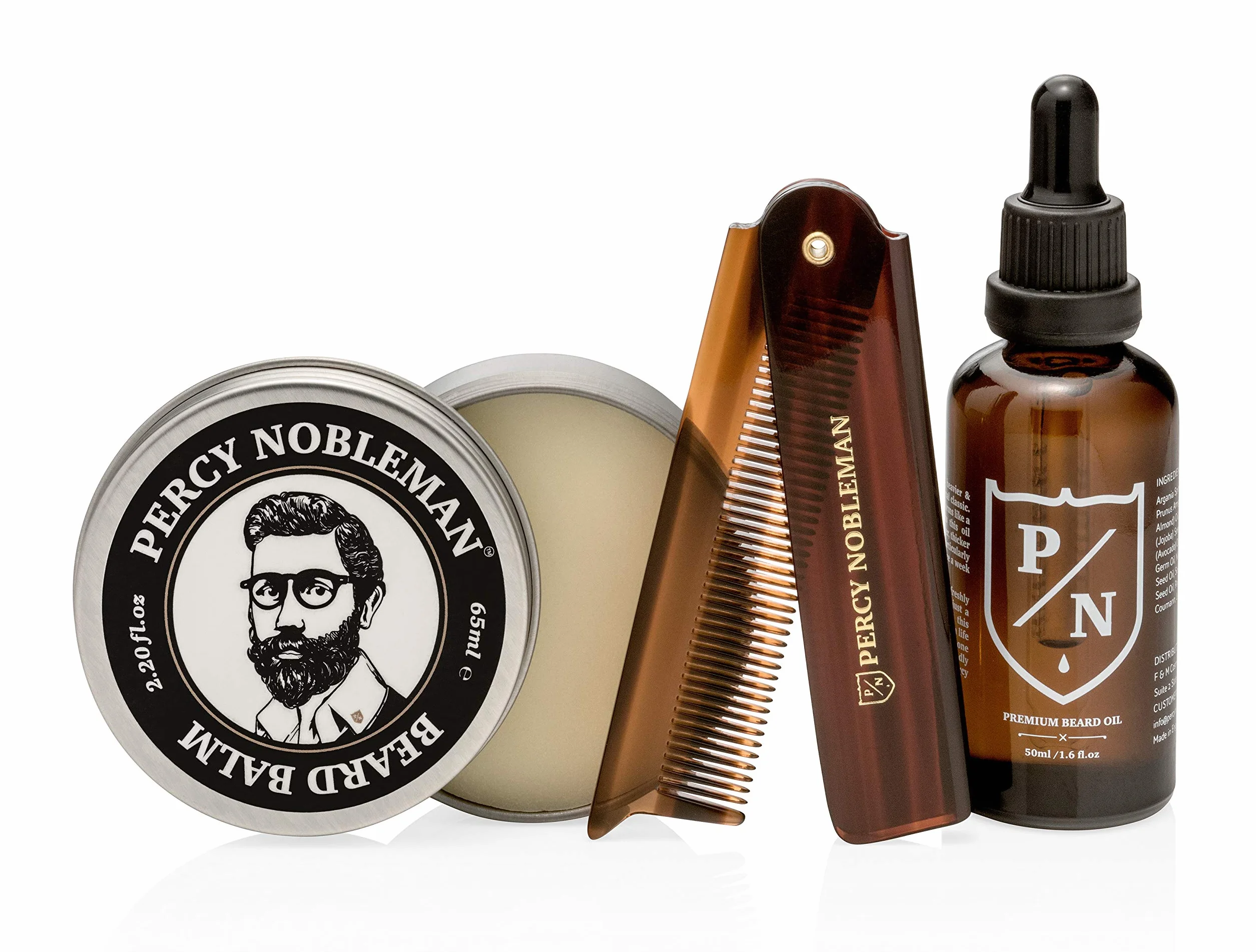 Kit de Soin de Barbe Premium Percy Nobleman, un Coffret de Soin de Barbe en Édition Limitée, Contenant une Huile de Barbe Premium, un Baume pour Barbe et un Peigne Pliable