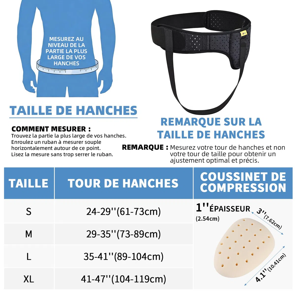 Tenbon Ceinture herniaire pour homme et femme Ceinture herniaire réglable flexible Soutien herniaire Soulagement de la douleur avec coussinets de compression amovibles Hernie (Black, M)