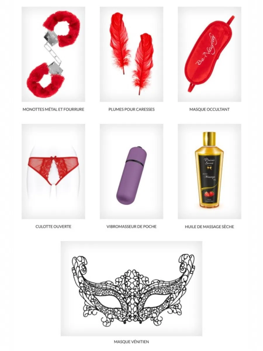 Coffret Coquin Saint-Valentin – Cadeau Romantique et Sensuel pour Couples – Idée Originale pour Soirée en Amoureux-menotte fourrure-lingerie sexy-vibromasseur-huile sensuelle - cadeau pour elle