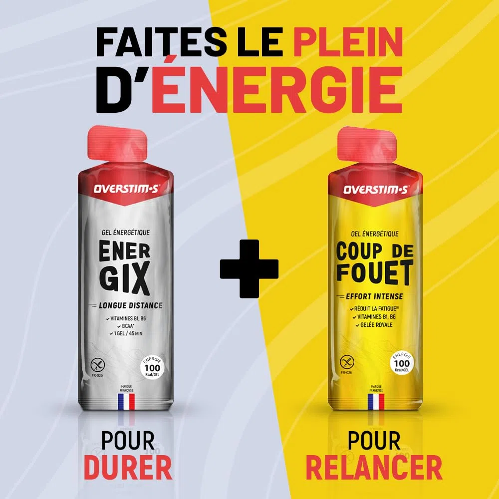 Overstim.s - Gel Energix (10 sachets) - Gel énergétique pour le sport (vélo, course à pied…) - Energie longue durée (Glucose + Fructose + Maltodextrines) - BCAA - 100 kcal/gel - Saveur Fruits Rouges
