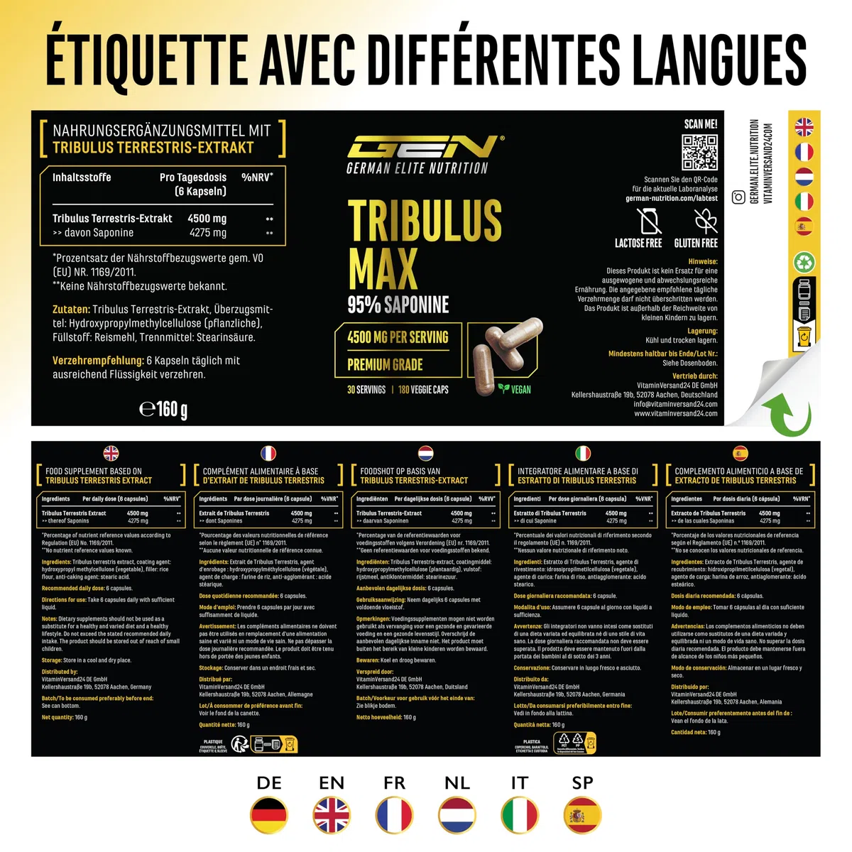 Tribulus Max - 180 capsules - Hautement Dosé avec 4500 mg par Dose Journalière - Premium : 95% Saponines - Extrait pur de Tribulus Terrestris 10:1 - sans Additifs Inutiles, Végan