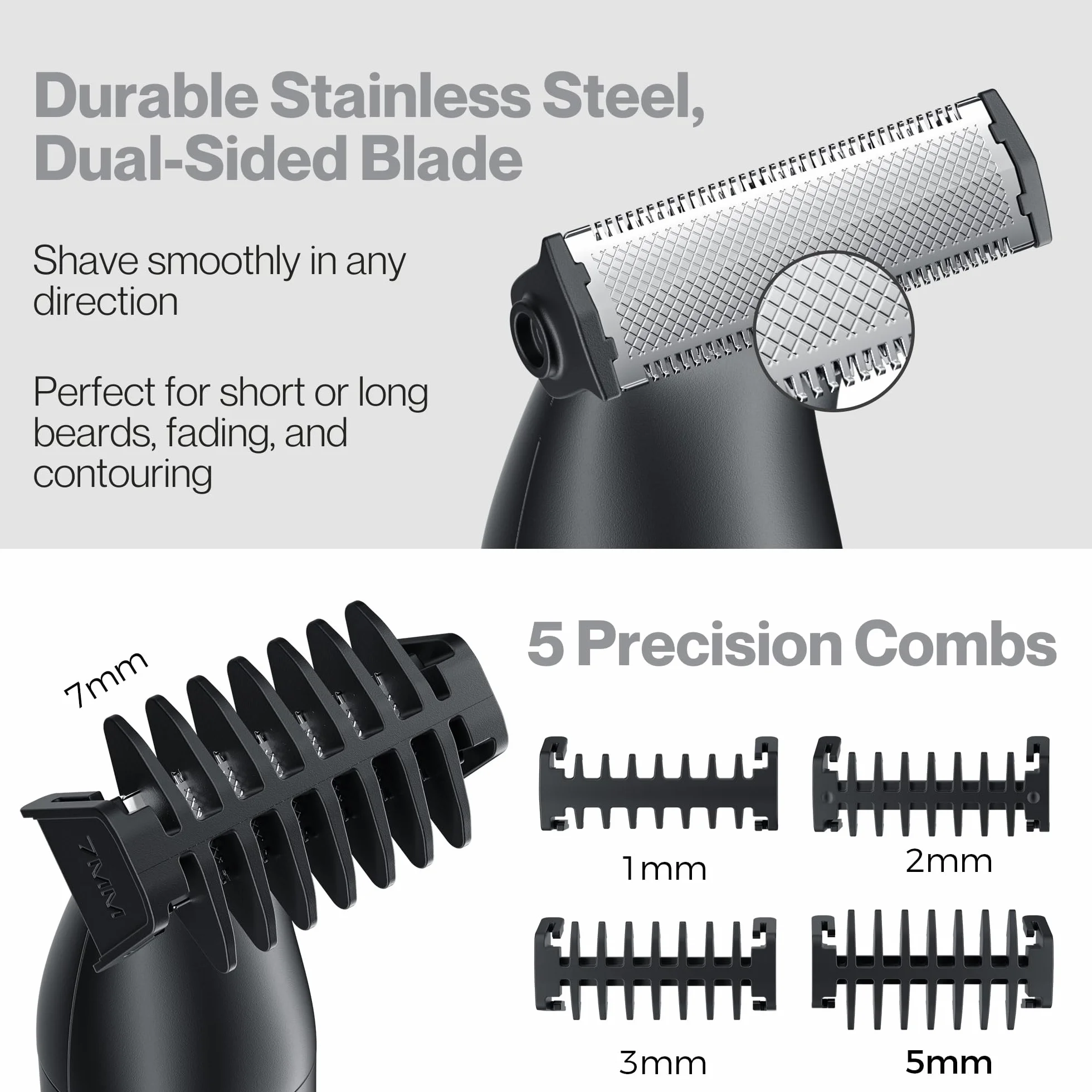BarberBoss Tondeuse de précision 3-en-1 pour homme, kit de soins pour barbe et cheveux, tondeuse corps, tondeuse nez et oreilles, rasoir sans fil rechargeable avec chargement USB (Noir)