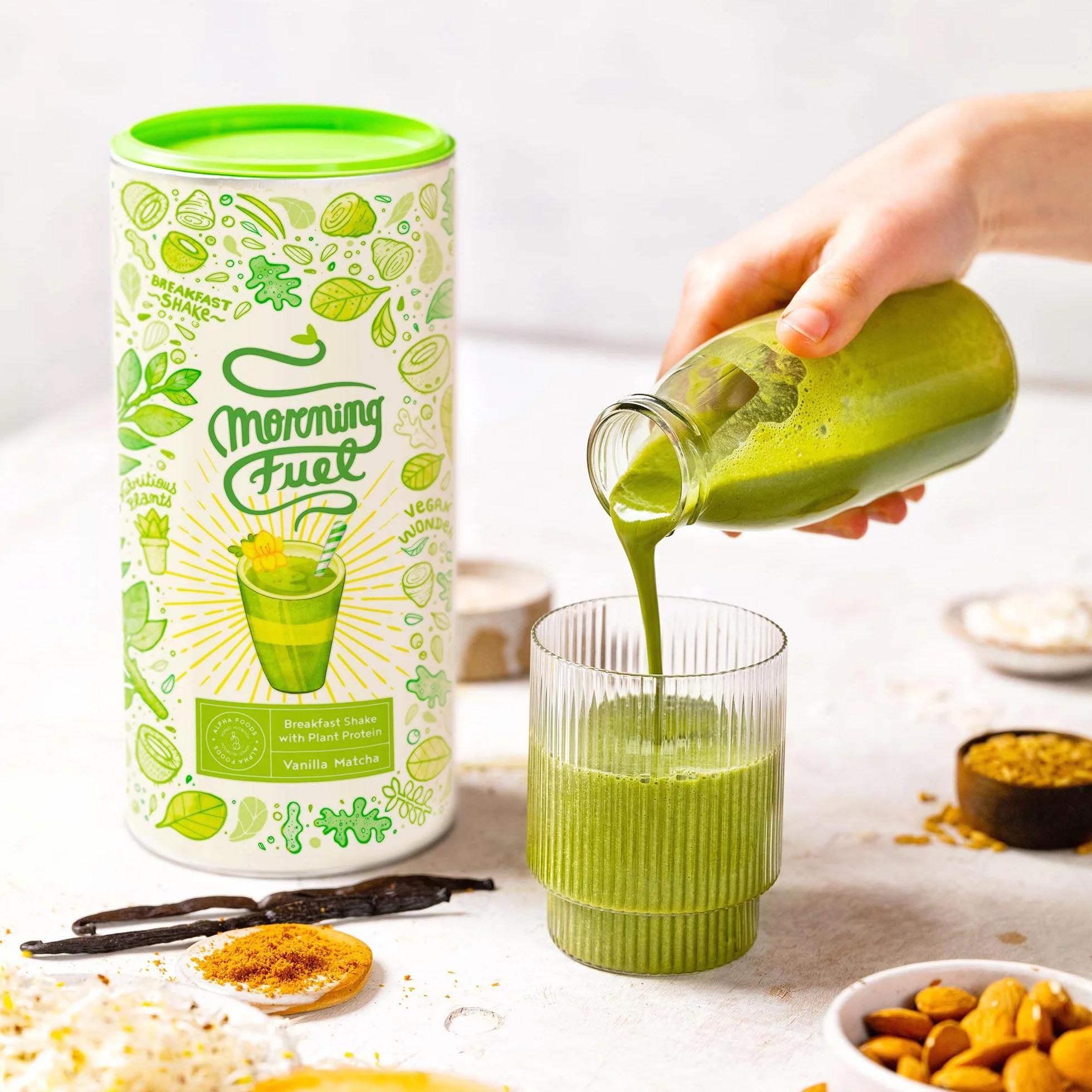 Morning Fuel | Mélange Vanille et Matcha pour le petit-déjeuner | Proteine vegetale de pois germés, quinoa, avoine, algues, alfalfa, épinards, maca, spiruline | vit. B6 + B12 | 600gr | Alpha Foods