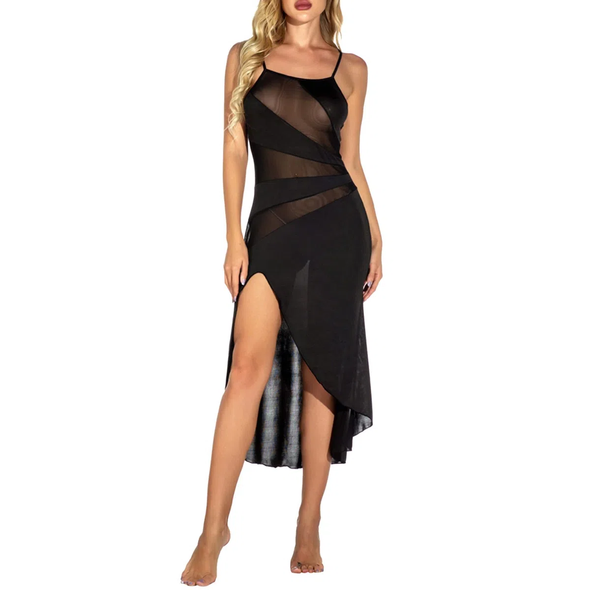 Robe longue sexy pour femme - Élégante - Fine - En maille - Avec fente haute - Sexy - Spaghetti - Chemise de nuit pour femme - Élégante perspective - Nuisette érotique - Effet mouillé - En maille