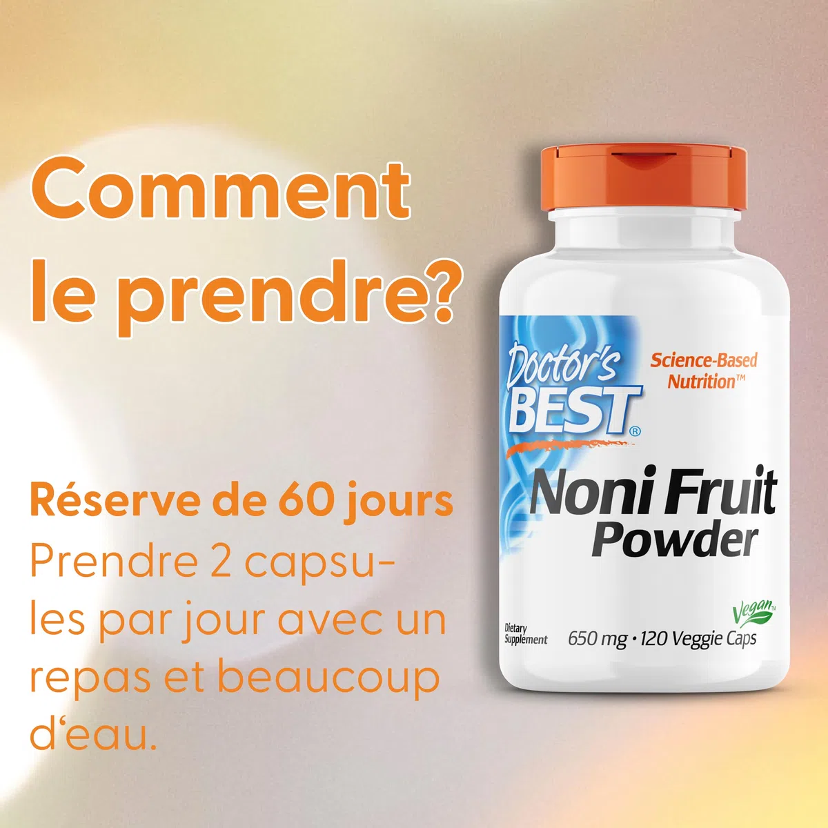 Doctor's Best, Noni Fruit Powder (Poudre de Fruit de Noni), 650mg, 120 Capsules végétaliennes, Testé en Laboratoire, Sans Gluten, Sans Soja, Végétarien