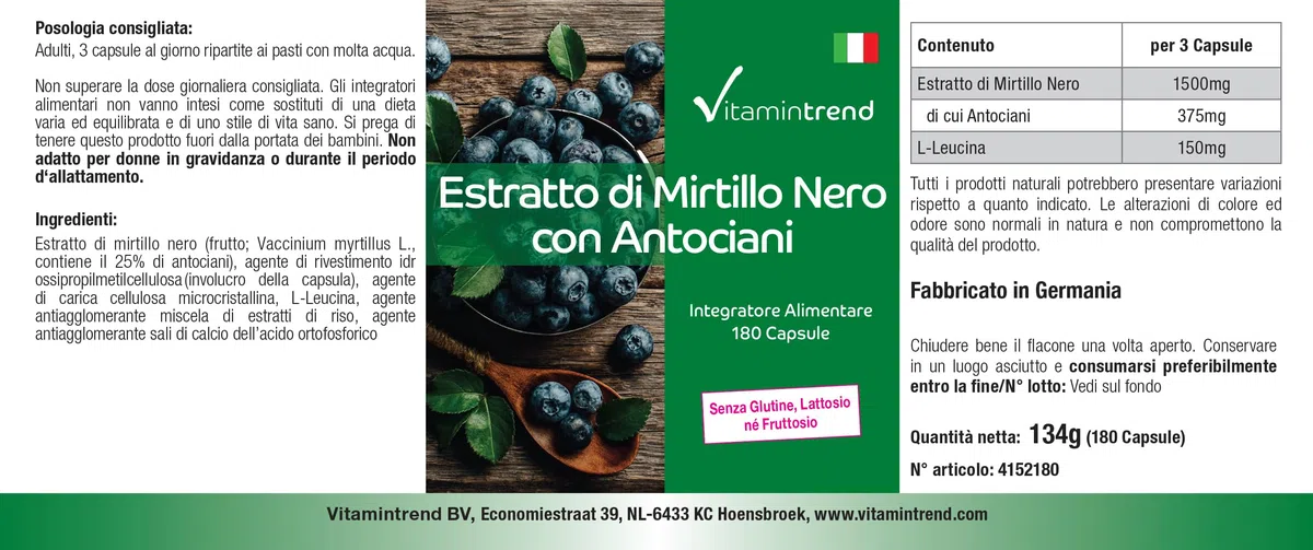 Vitamintrend Extrait de myrtille avec 25% d'anthocyanes, 180 gélules, hautement dosé, complément alimentaire végan sans stéarate de magnésium, fabriqué en Allemagne