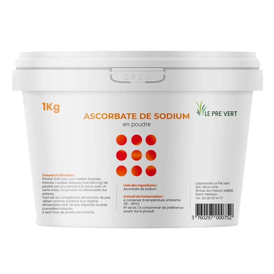 ASCORBATE DE SODIUM 100% pur - Pot 1 KG - Le Pré Vert - Energie - Immunité - Antioxydant