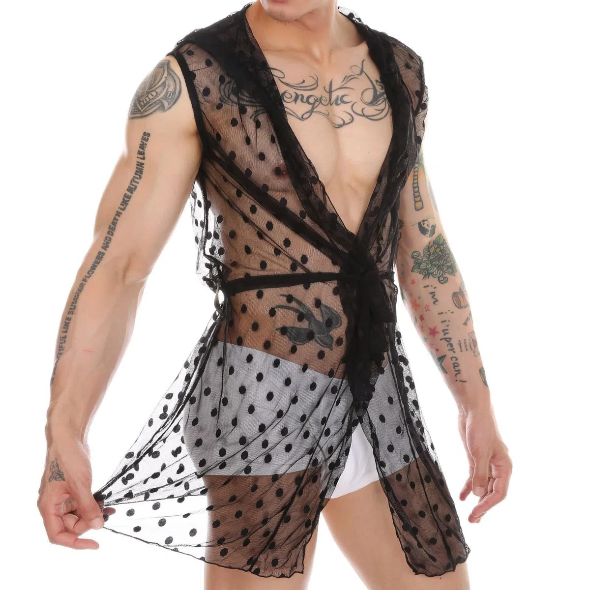 Robe de chambre longue en dentelle pour homme - Lingerie sexy - Chemise transparente - Veste sans manches - Débardeurs - Vêtements de nuit en maille - Sous-vêtements - Chemise en maille