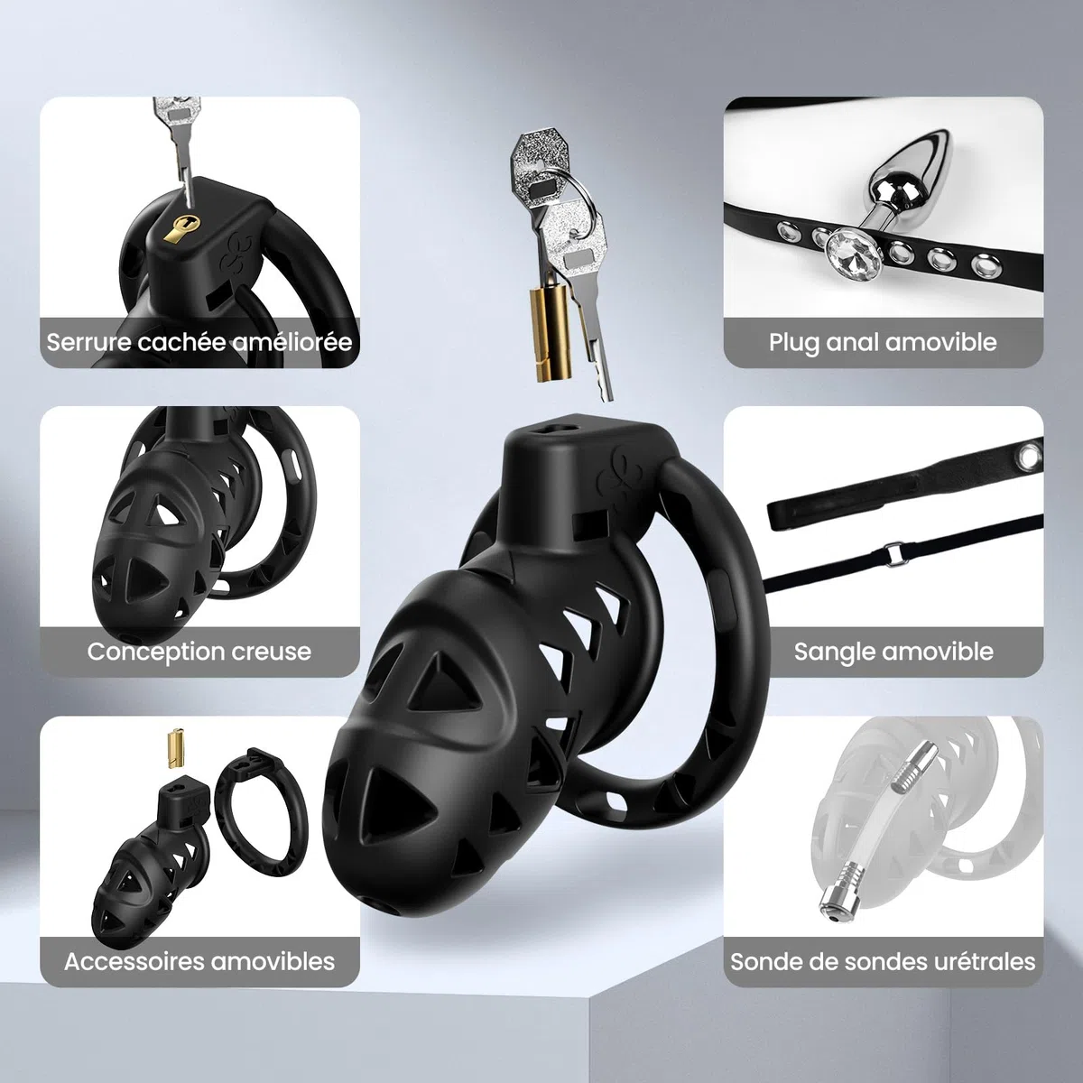 Sex Toýs Homme Couple Cage de Chasteté Pénis avec Chastity Cage Plug,Harnais Réglable et Ceinture de Chasteté avec Anneaux de 3 Tailles avec Accessoires de bondage BDSM