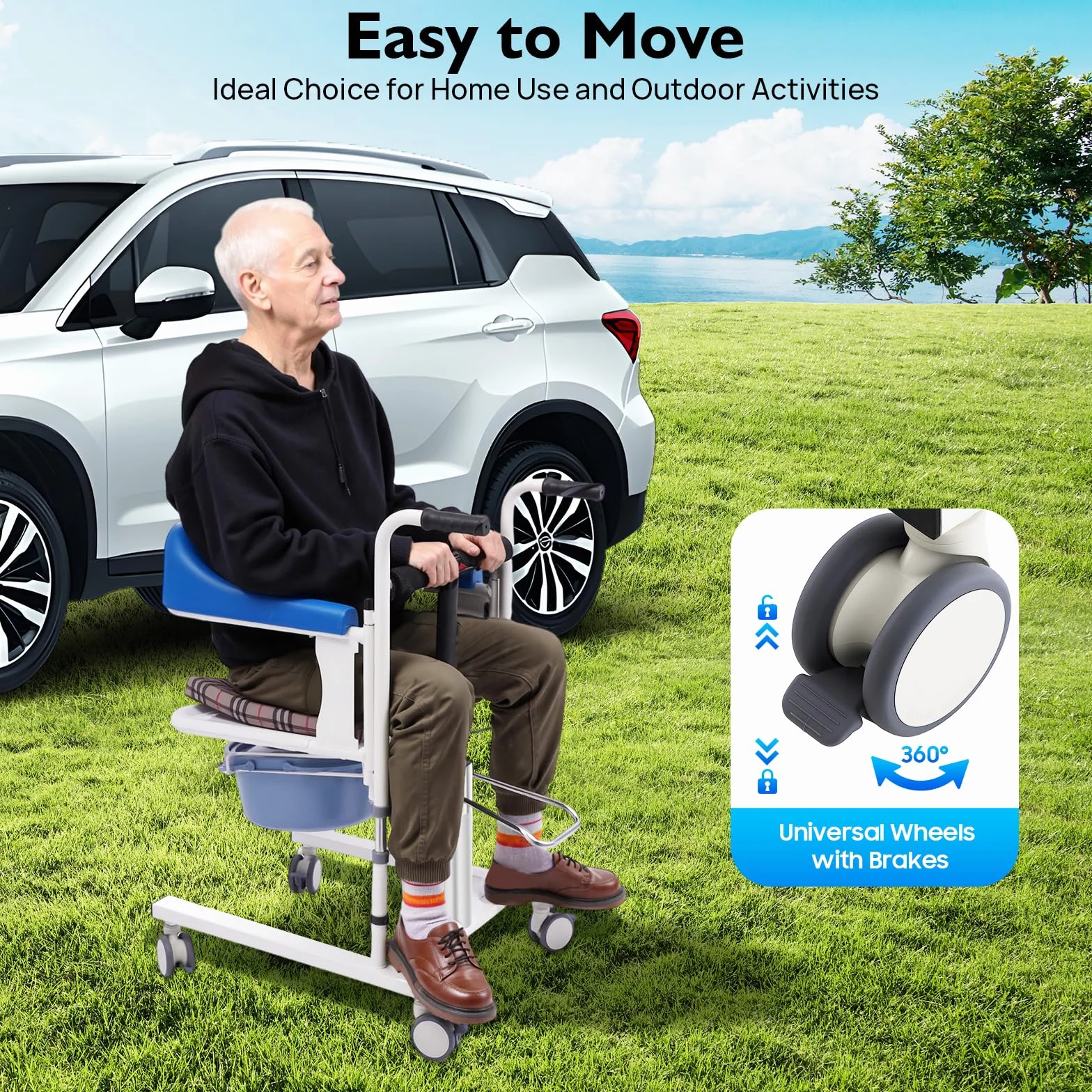Fauteuil roulant hydraulique pour patients, chaise de transfert divisée à 180°, avec pot, capacité de charge 90 kg, hauteur réglable 42-61 cm, pour personnes handicapées, paralysées,