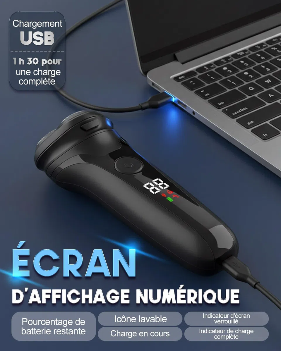 Rasoir Électrique Homme avec Écran LCD, Rasoir Électrique Sans Fil Rechargeable, IPX5 Étanche pour Rasage Sec et Humide, 3 Têtes Rotatives Double Piste, Tondeuse Pop-Up Intégrée, Peau Sensible(Noir)
