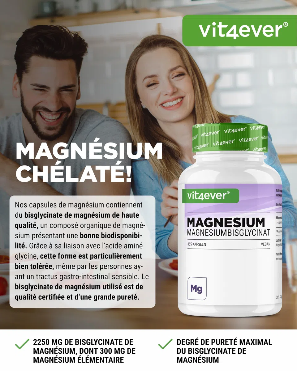 Bisglycinate de Magnésium - 365 Gélules - 300 mg de Magnésium Elémentaire par Dose journalière - Premium : Magnésium Chélaté - Vegan - Hautement Dosé