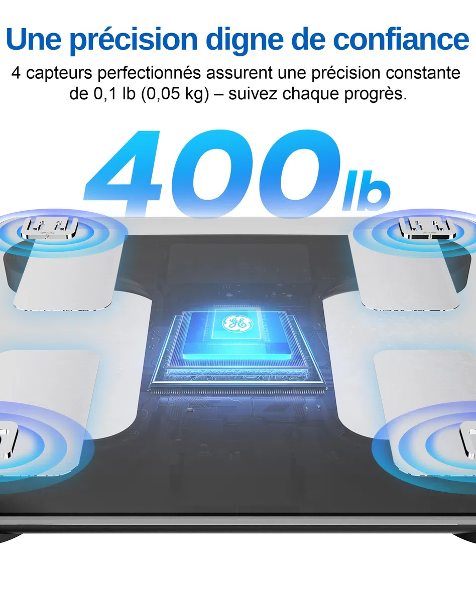 GE Pese Personne Connectée Blance, Intelligent Pese Personne Masse Graisseuse et Muscle IMC 13 Mesures Corporelles Balance Connectée Haute Hrécision avec Grand Écran 180 kg Noir