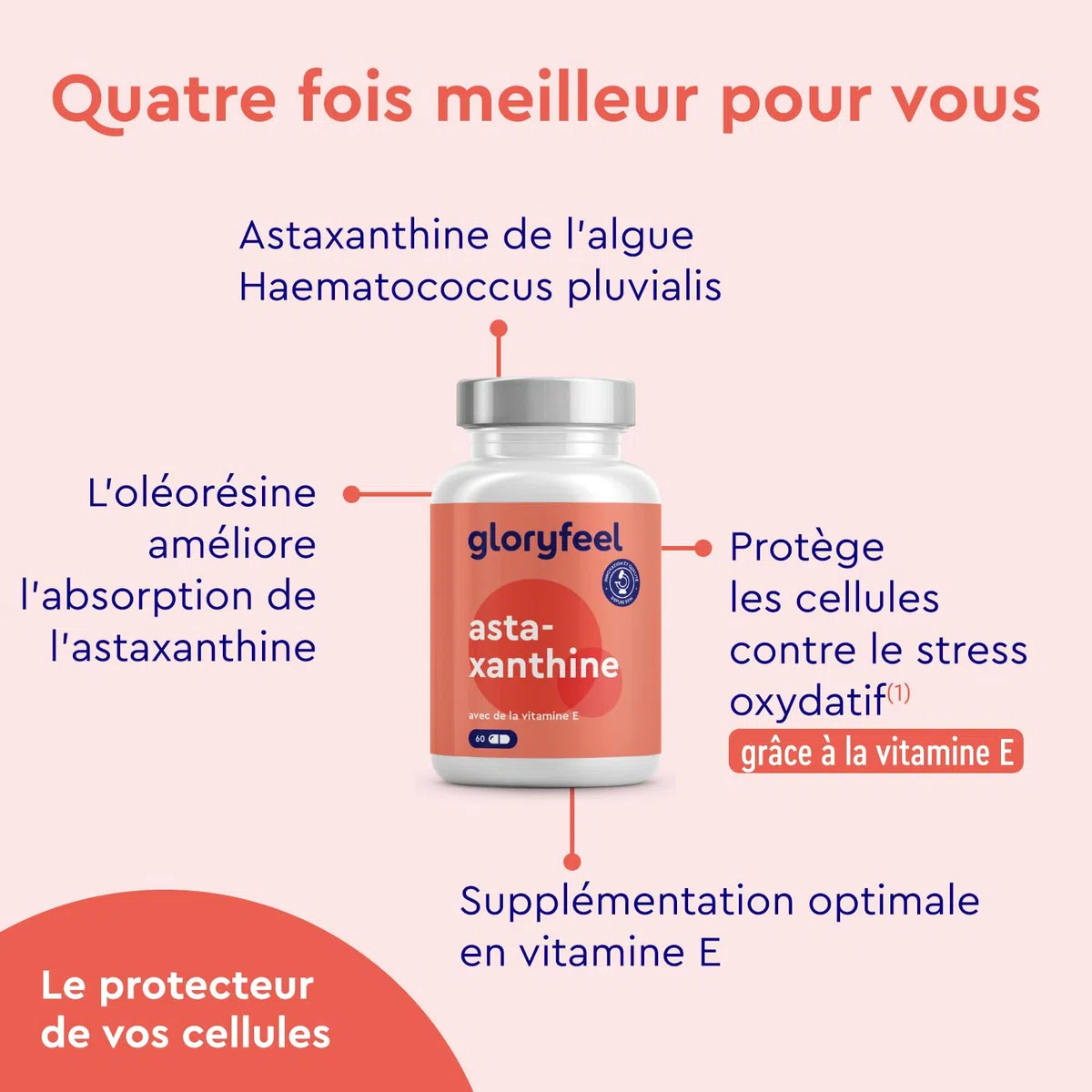 Astaxanthine 190 mg d'Extrait de Haematococcus Pluvialis, Antioxydant Puissant, Formule Premium, 100% Naturelle, Enrichi en Vitamine E, 60 Capsules, Protège les Cellules Contre le Stress Oxydatif