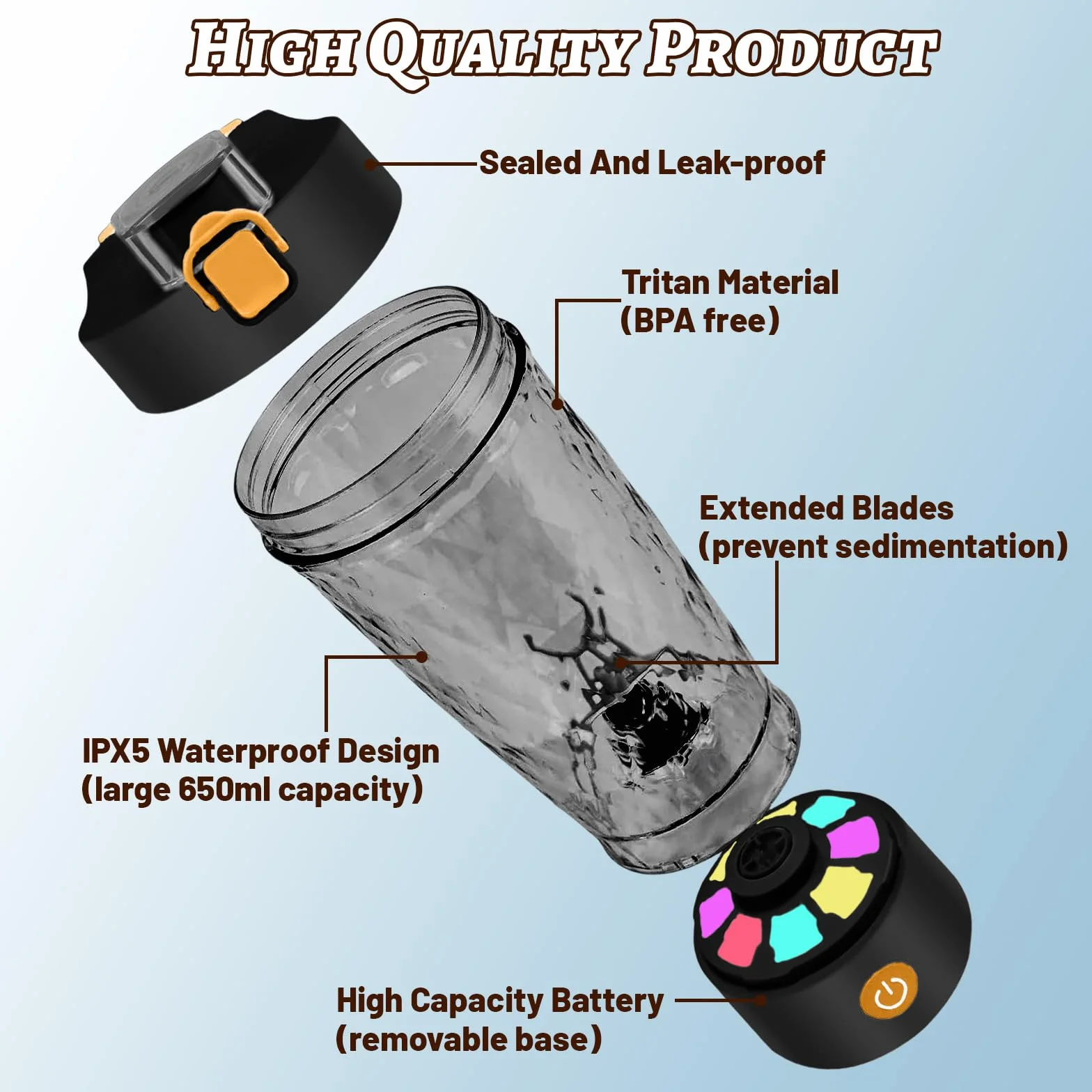 flintronic Shaker électrique à protéines - 650 ml - Mixeur automatique de protéines - Rechargeable par USB C - Pour shakes protéinés - Sans BPA