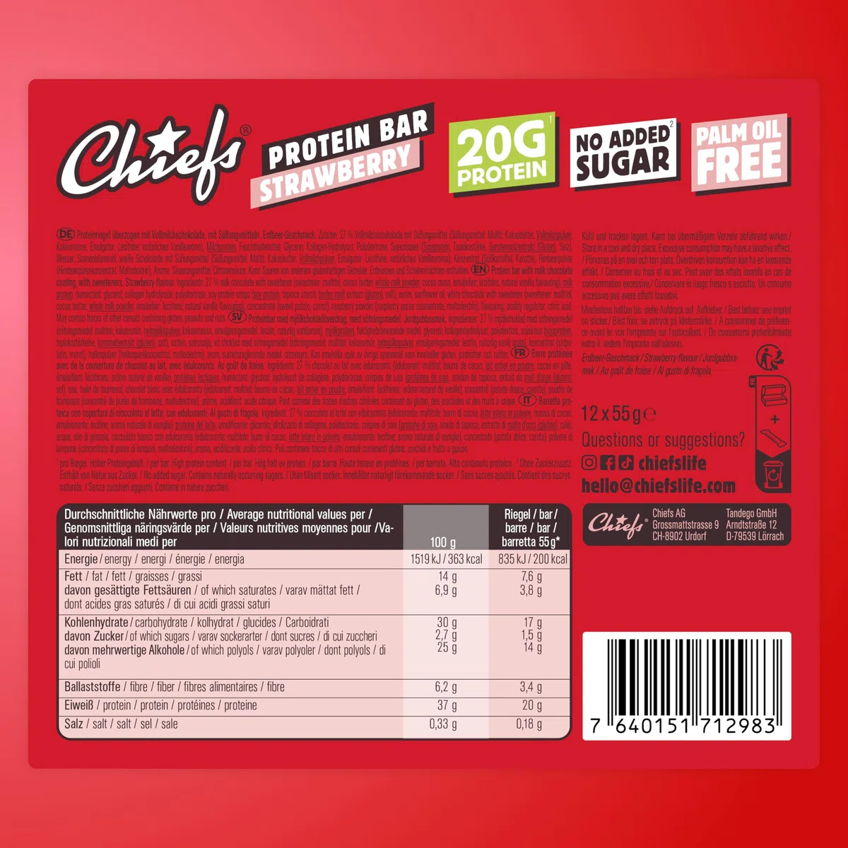 Chiefs Protein Bar (Strawberry) • Barre protéinée premium avec 20g de protéines & 209 kcal par barre • Sans sucre ajouté • Barre protéinée low sugar • Goût de Strawberry • Pack de 12 (12 x 55g)