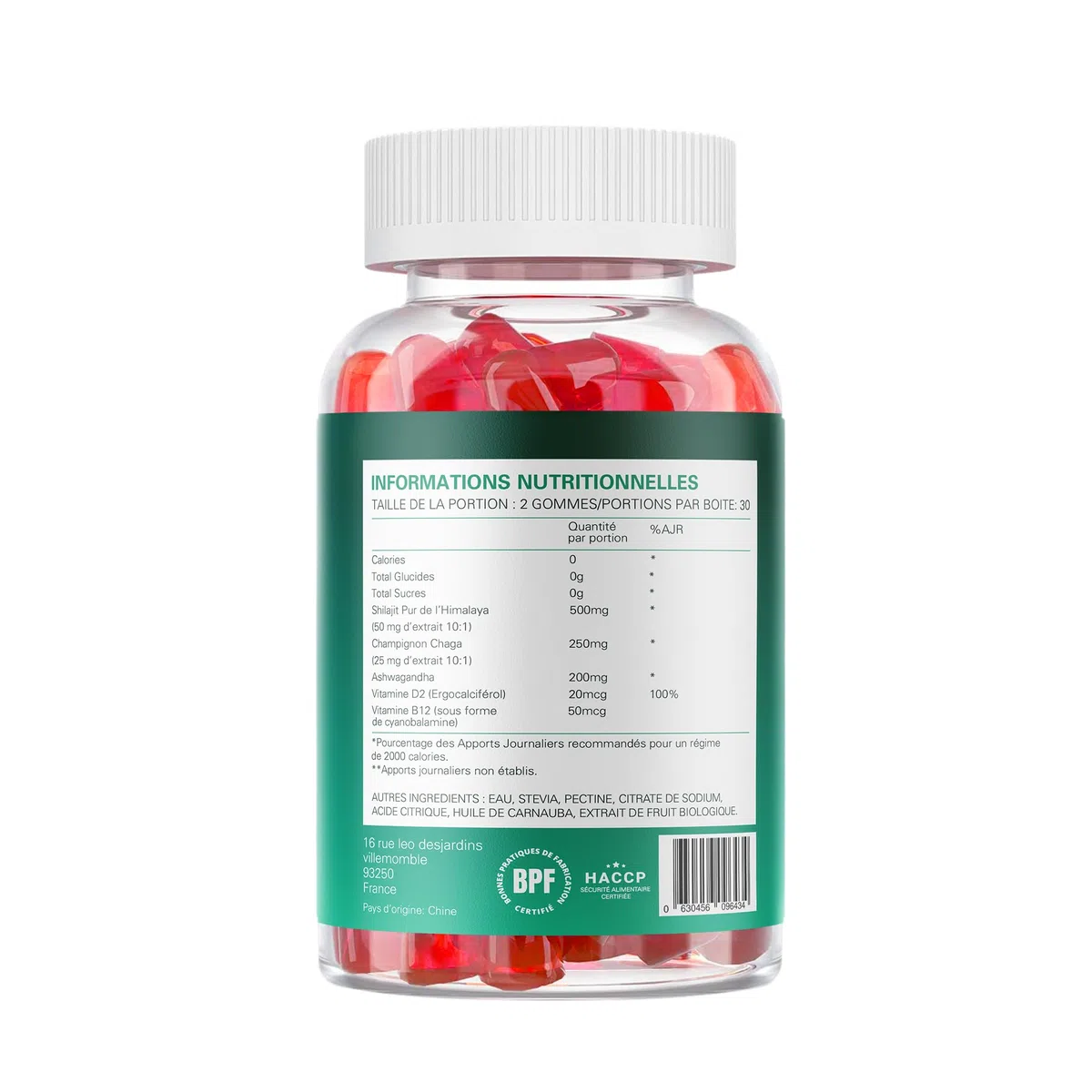 Shilajit Gommes 500mg - Haute concentration - Sans sucre - Saveur fraise - Ashwagandha et Chaga Mushroom - Végétalien et Sans Gluten - Stimulation de l'énergie - Concentration et Équilibre