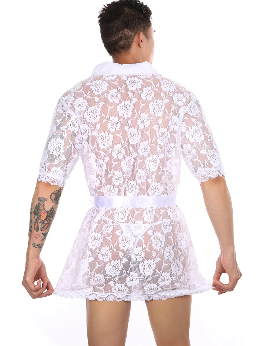 FEOYA Homme Peignoir de Bain Transparente avec Strings Robe de Chambre Dentelle Manches Courtes Sissy Lingerie de Nuit Vêtement