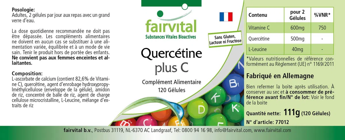fairvital Gélules de quercétine à la vitamine C, 120 gélules, HAUTEMENT DOSÉ, 250mg de quercétine plus 300mg de vitamine C par gélule, VÉGÉTALIEN, antioxydant