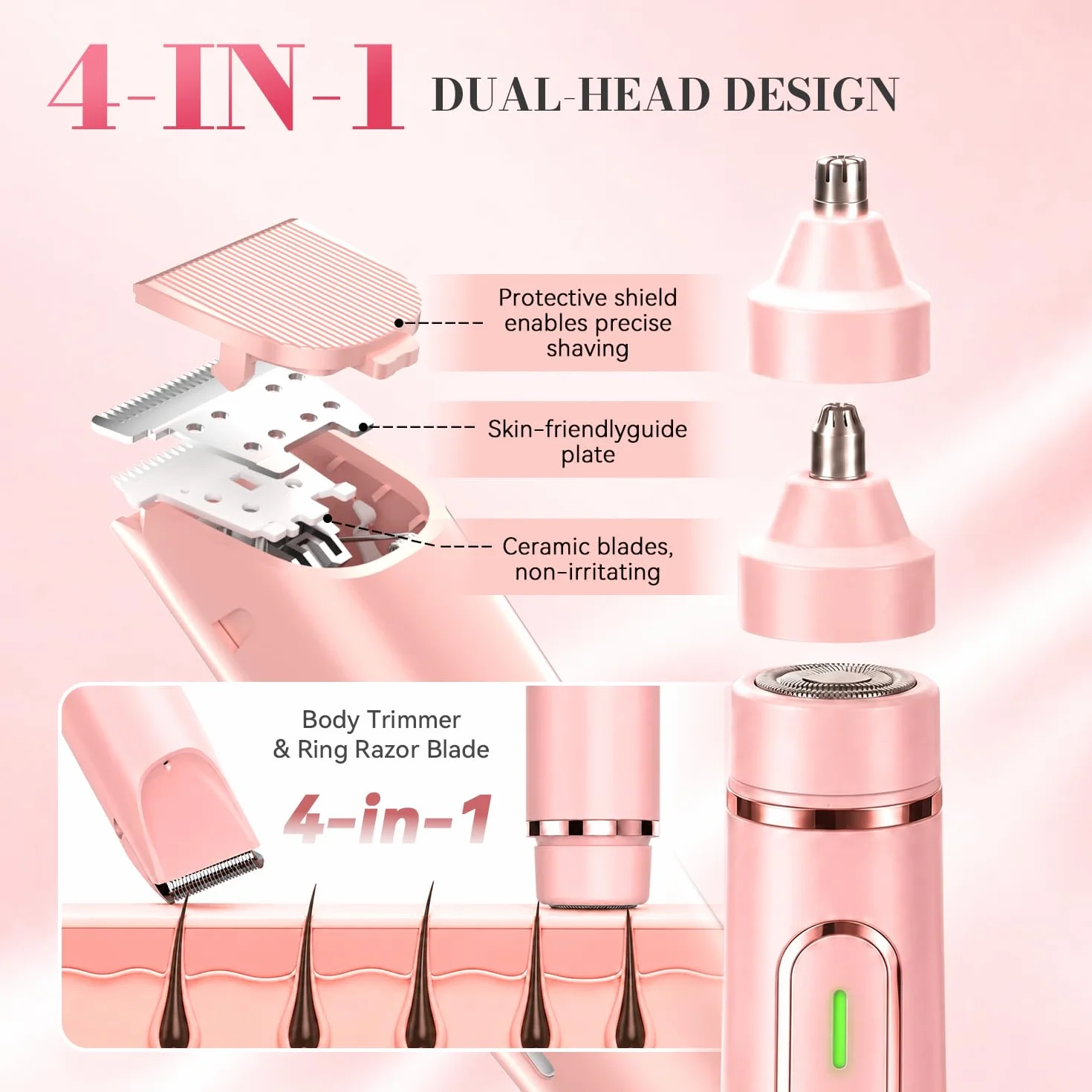 JTF Rasoir Electrique Femme 4 en 1,Double Tête Epilateur Bikini pour Femme,Tondeuse Femme pour Zone Intime Visage Sourcil Nez Aisselles & Corps – Rechargeable, IPX7 Étanche (Rose)