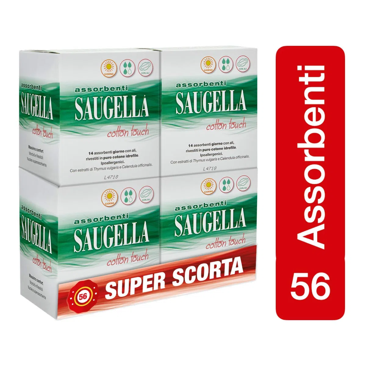Saugella Saugella Cotton Touch Lot de 56 serviettes hygiéniques pour extérieur, jour à action anti-odeurs avec ailes en coton hypoallergénique, 80 g