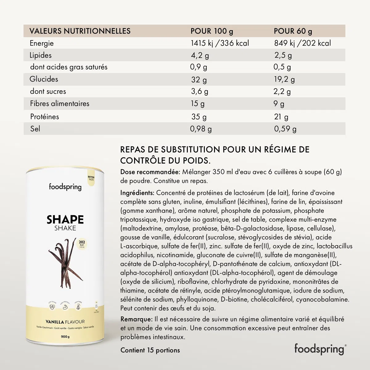 foodspring Shape Shake Vanille - Substitut de repas complet pour le contrôle du poids avec des protéines de qualité supérieure, 202 kcal par portion, sans gluten - nouvelle recette (900g)