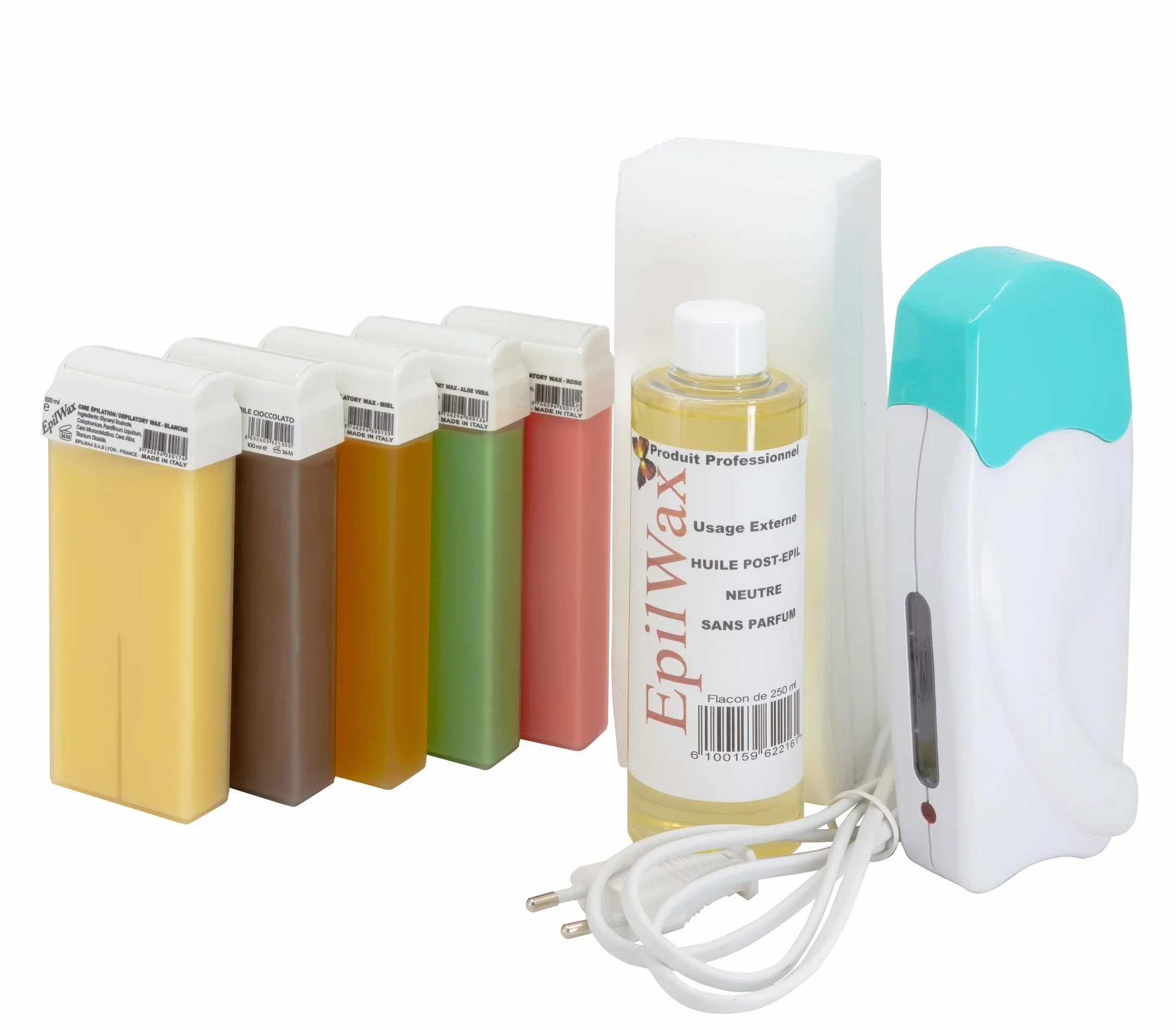 EpilWax - Kit Chauffe Cire Épilation Professionnelle avec 5 x Recharges Roll on Cire Chocolat/Vanille/Rose/Miel/Alèo Vera, 100 x Bandes d'Épilation et Huile après Épilation - Gamme Solo Multi
