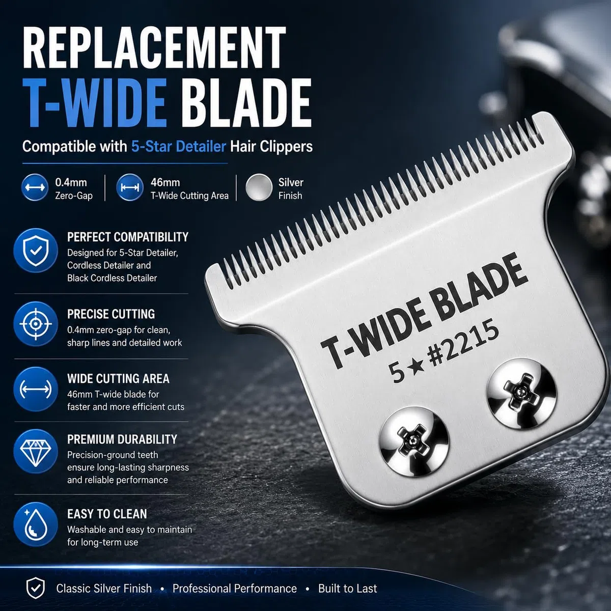 Lame T-Wide de remplacement compatible avec les tondeuses Wahl 5-Star Detailer – 0,4 mm, Zero-Gap (Argent - lot de 2)