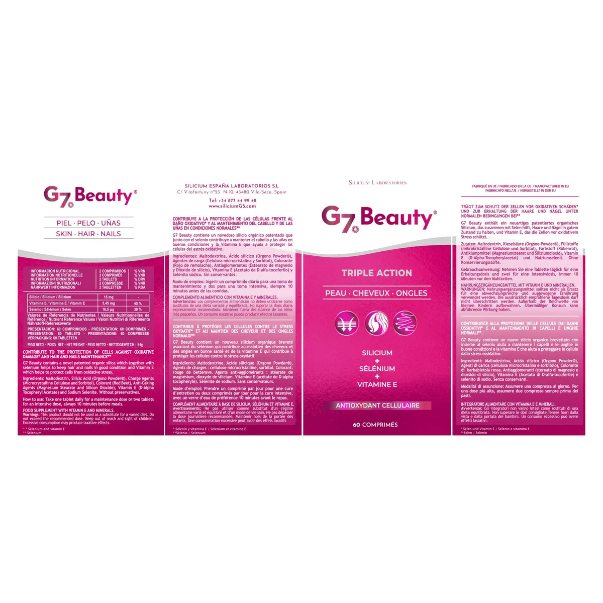 G7 Beauty. Antioxydant cellulaire. Silicium Enrichi En Vitamine E Et Sélénium. Aide Á Maintenir La Santé Et La Beauté De La Peau, Des Cheveux Et Des Ongles. 60 capsules.