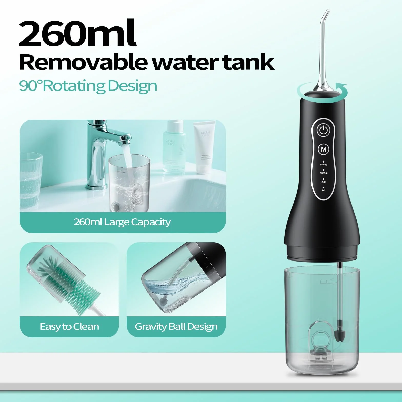 Hydropulseur Dentaire Électrique Sans Fil – Jet Dentaire Professionnel avec 4 Modes, 260ML Réservoir, USB-C Rechargeable, IPX7 Étanche, 5 Buses, Nettoyeur Dentaire Portable Voyage et Maison