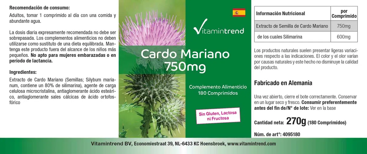 Vitamintrend Extrait de chardon-marie 750 mg, 180 comprimés, hautement dosé, complément alimentaire végan sans stéarate de magnésium, fabriqué en Allemagne