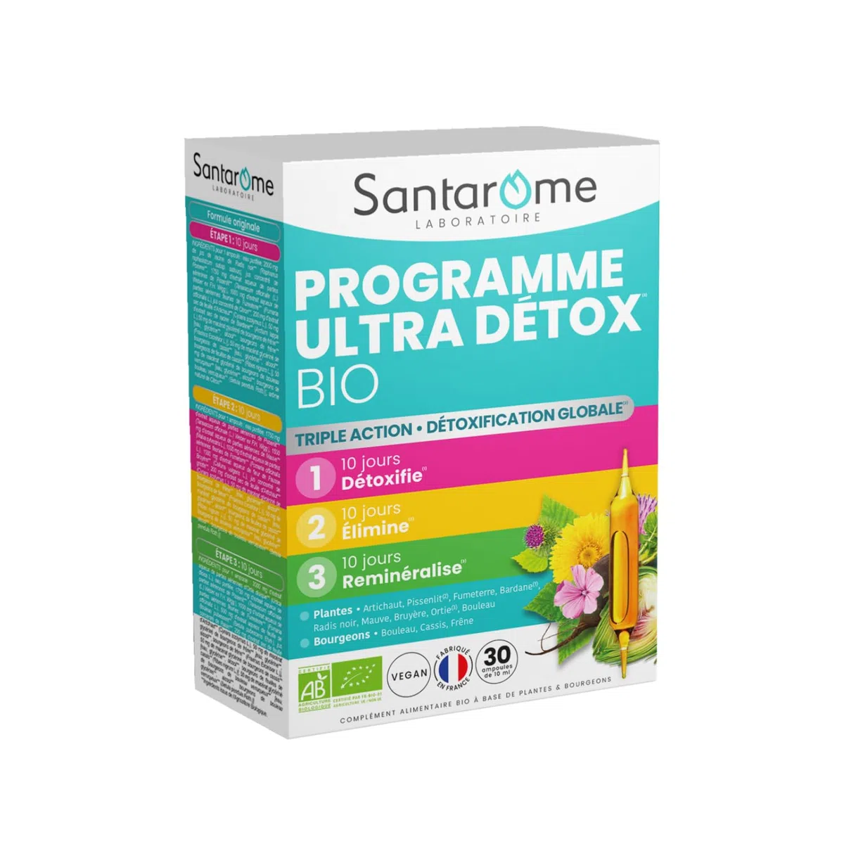 Santarome - Programme Ultra Détox | Complément Alimentaire Détox | Détoxe, Elimine, Reminéralise - A base de plantes - Artichaut, Radis Noir, Bardane | Cure 1 mois | Végan | Made In France